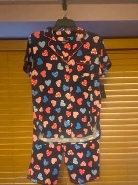 Cuddl Duds Navy Short Pajama Set with Multicolor Heart Print